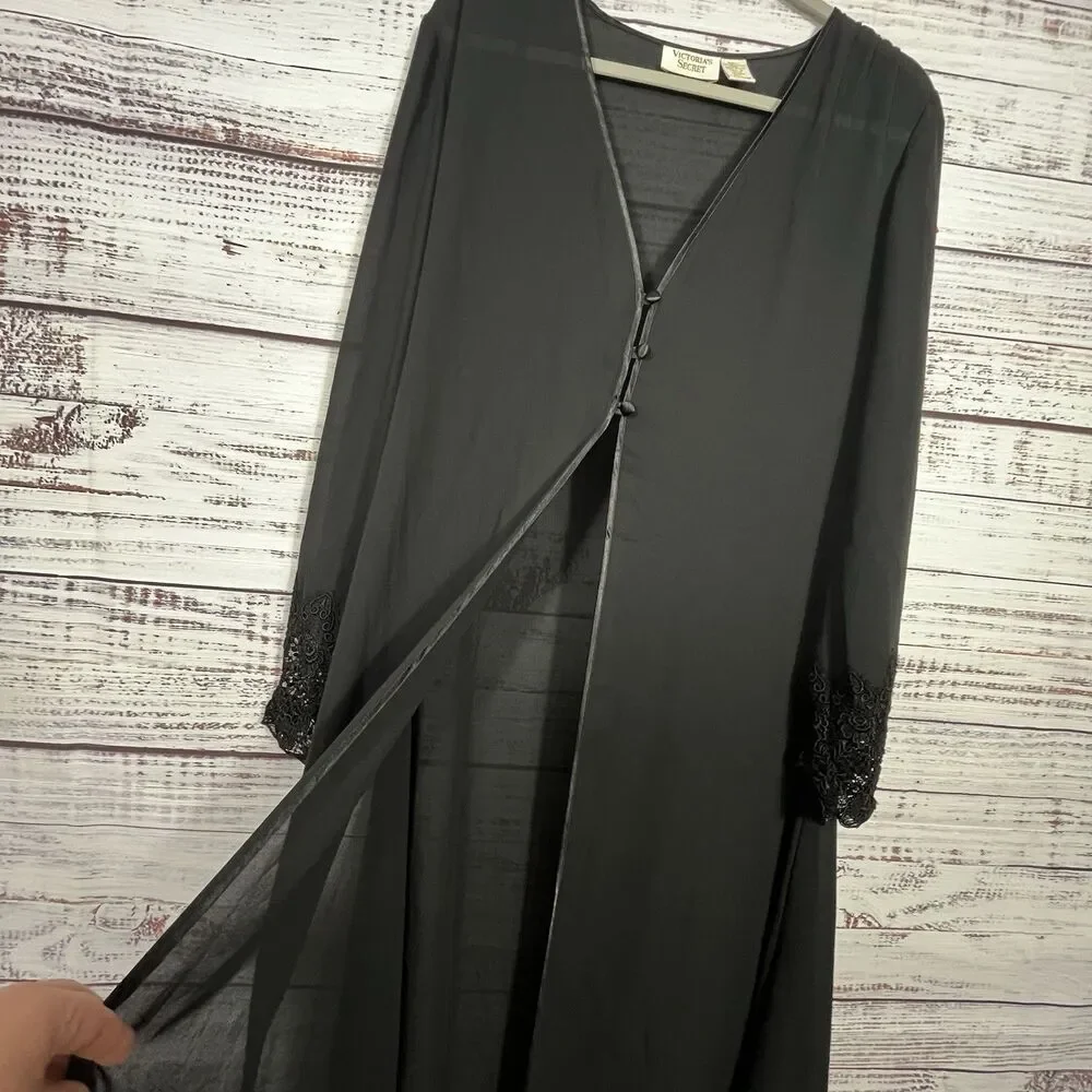 Vtg Victoria’s Secret Gold Label Robe M/L Black Long Lace Sheer Whimsy Goth